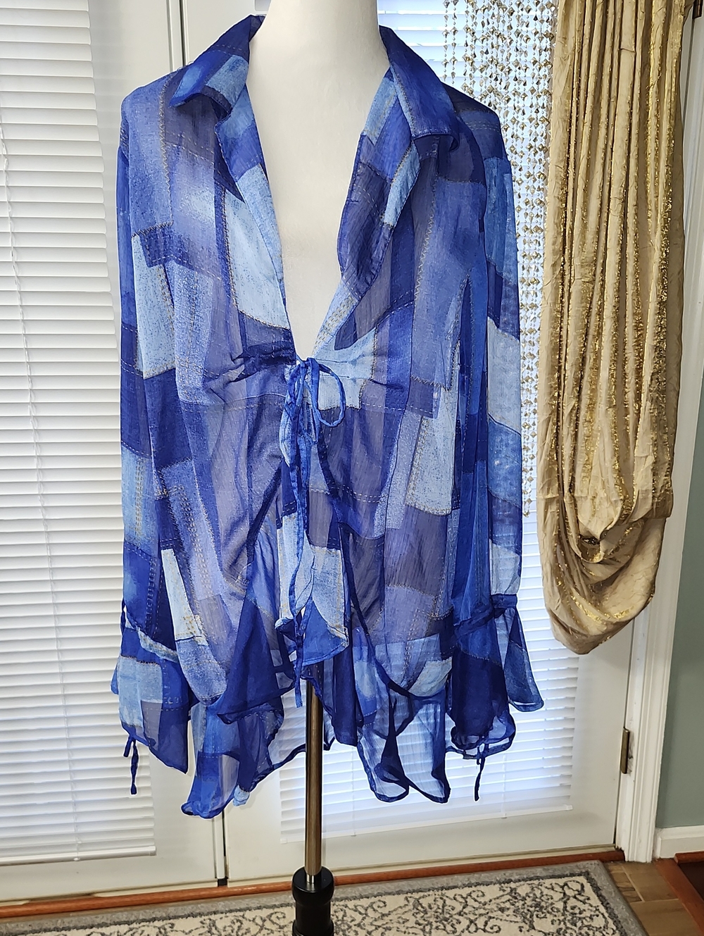 Rouge Helium Blue Sheer Patchwork Tie-Front Blouse